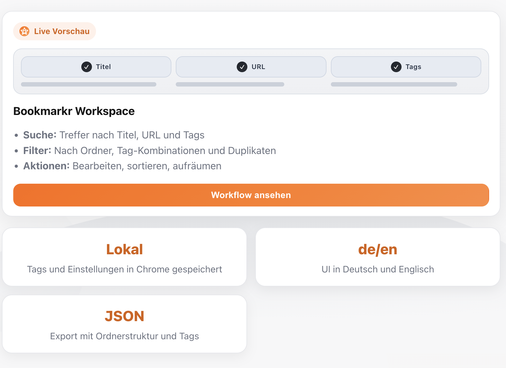 Bookmarkr Oberfläche im New Tab mit Suchfeld, Filtern und Bookmark-Liste